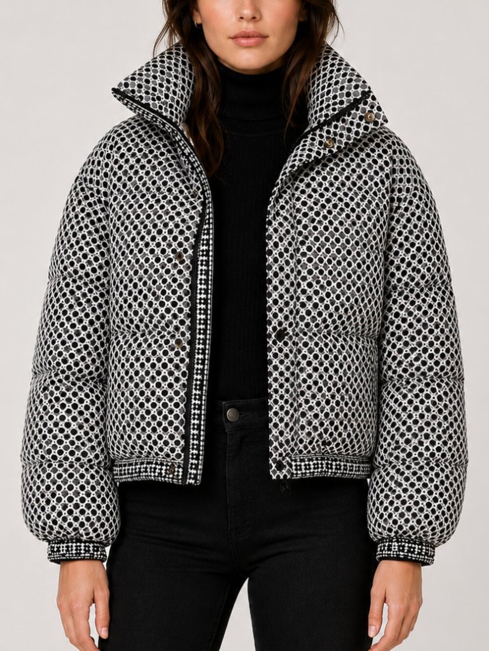 Max Studio Gray Geo Print Puffer Jacket XL